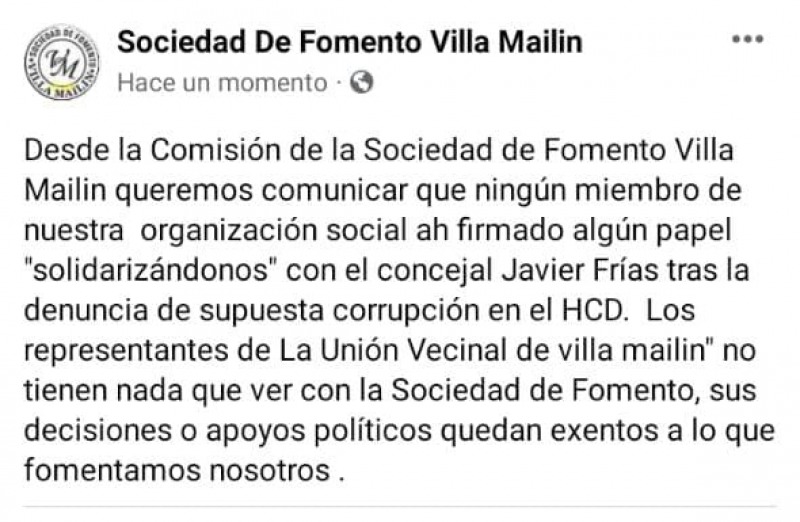 Bronca del fomentismo: se despegan de la Unin Vecinal